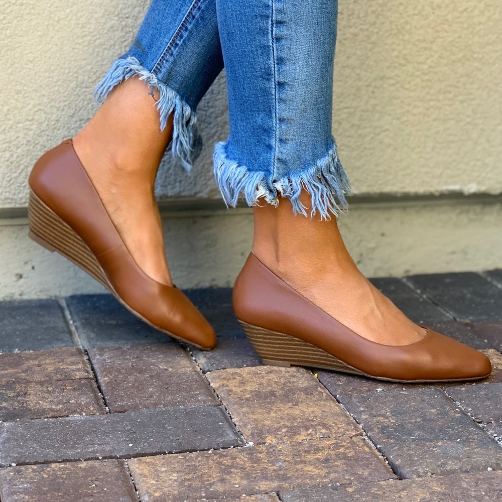 Cognac Genuine Leather Kitten Heel Wedge Pump - Picture 7 of 8